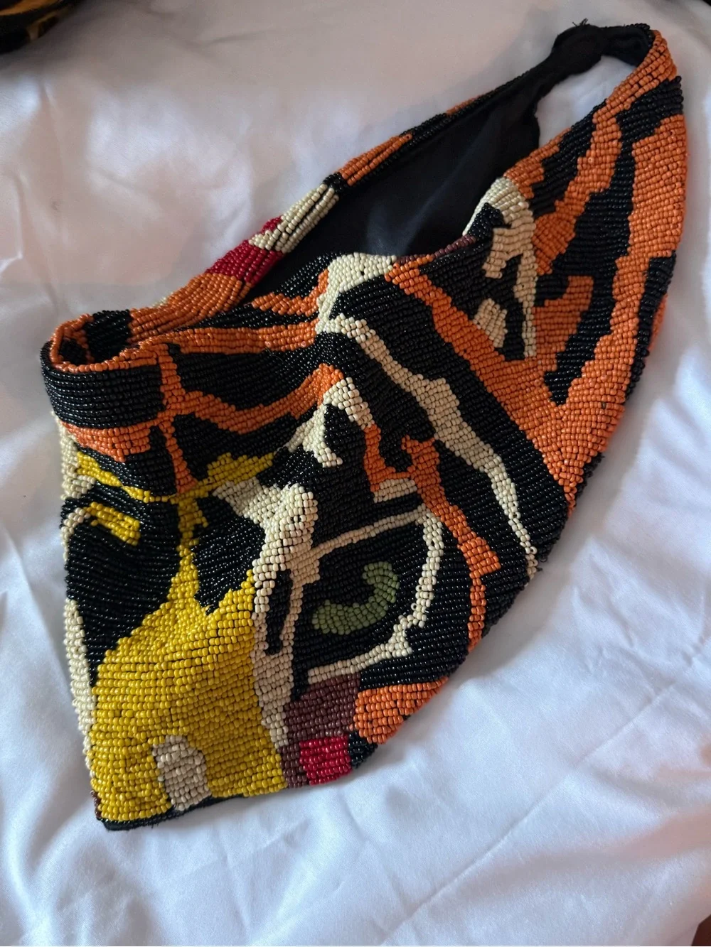 Beaded Tiger Face Scarf Necklace in Black & Orange